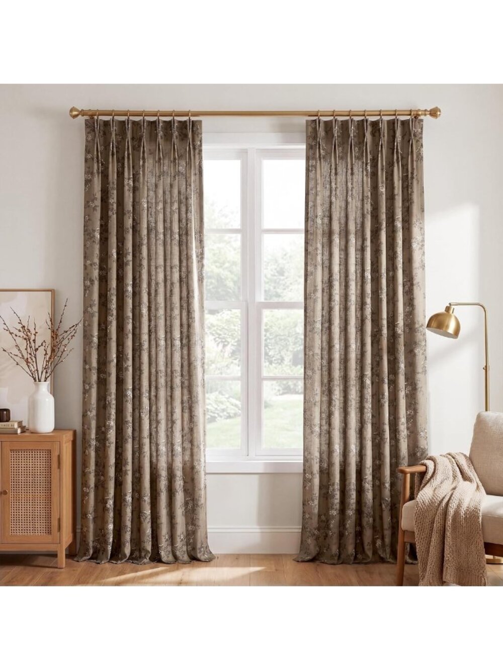 Elegant Brown Linen Pinch Pleat Curtains | Floral Fall Home Decor 96" Long